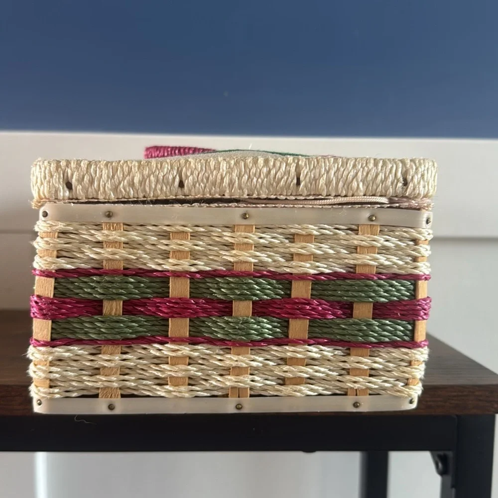 Vintage Wicker Sewing Box pink floral embroidered Lid with Built-in Pin Cushion